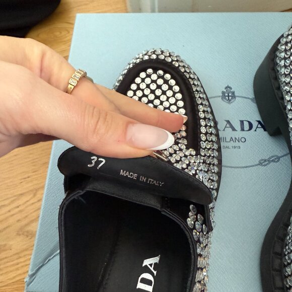 Prada Loafers Black Satin Crystal Embellished Metal Triangle Logo Sz 37 - Picture 9 of 14